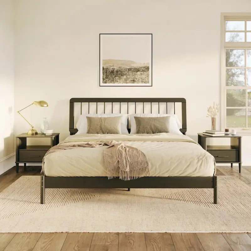 Letto king boho in legno massello con testiera a pioli
