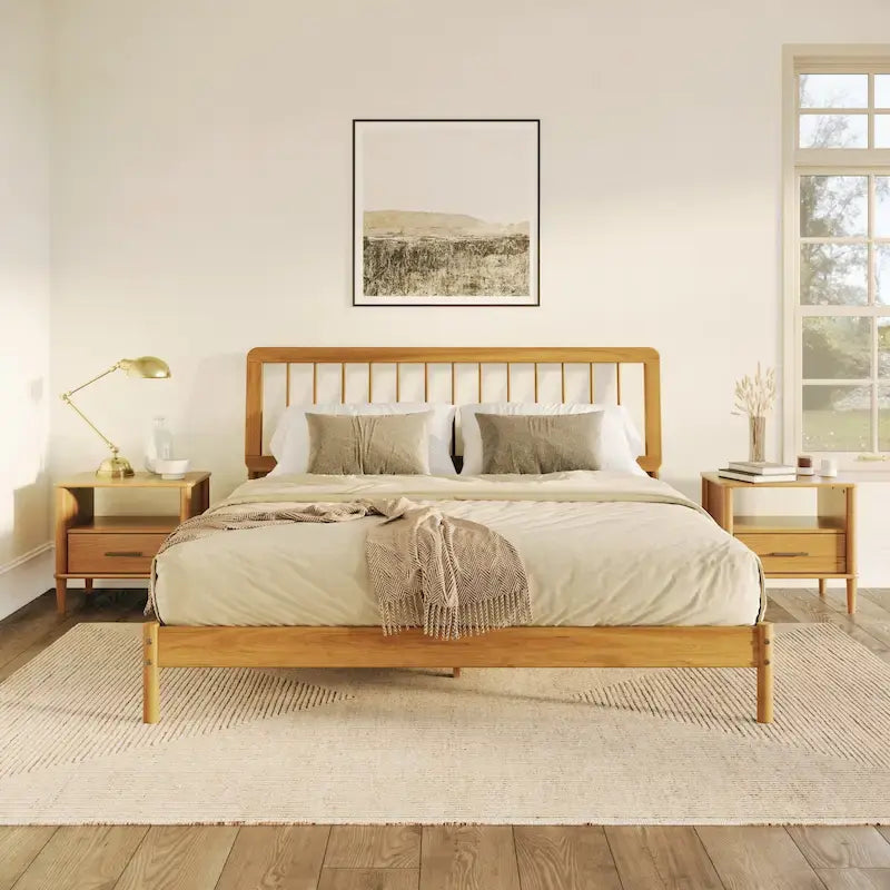 Letto king boho in legno massello con testiera a pioli