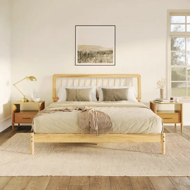 Letto king boho in legno massello con testiera a pioli