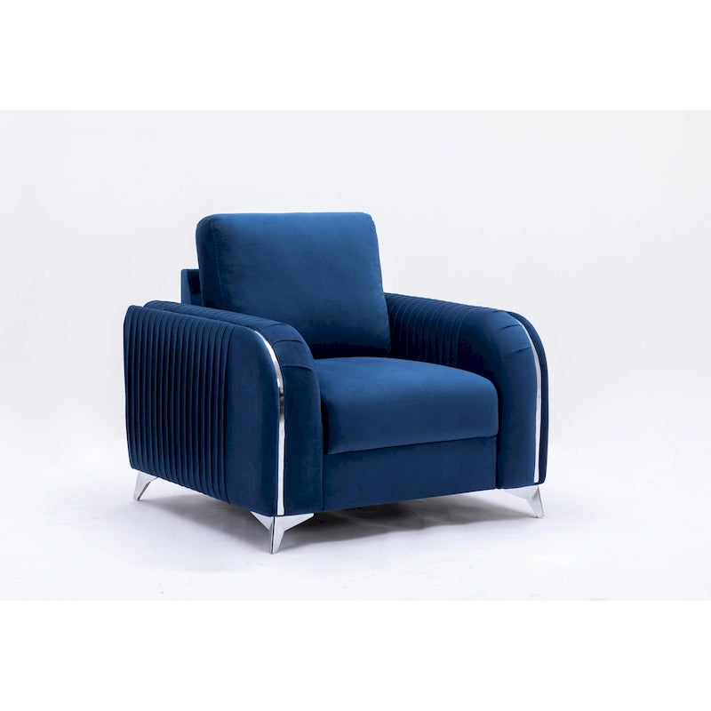Poltrona d'accento moderna blu da 38 in velluto con gambe rifinite in cromo lucido