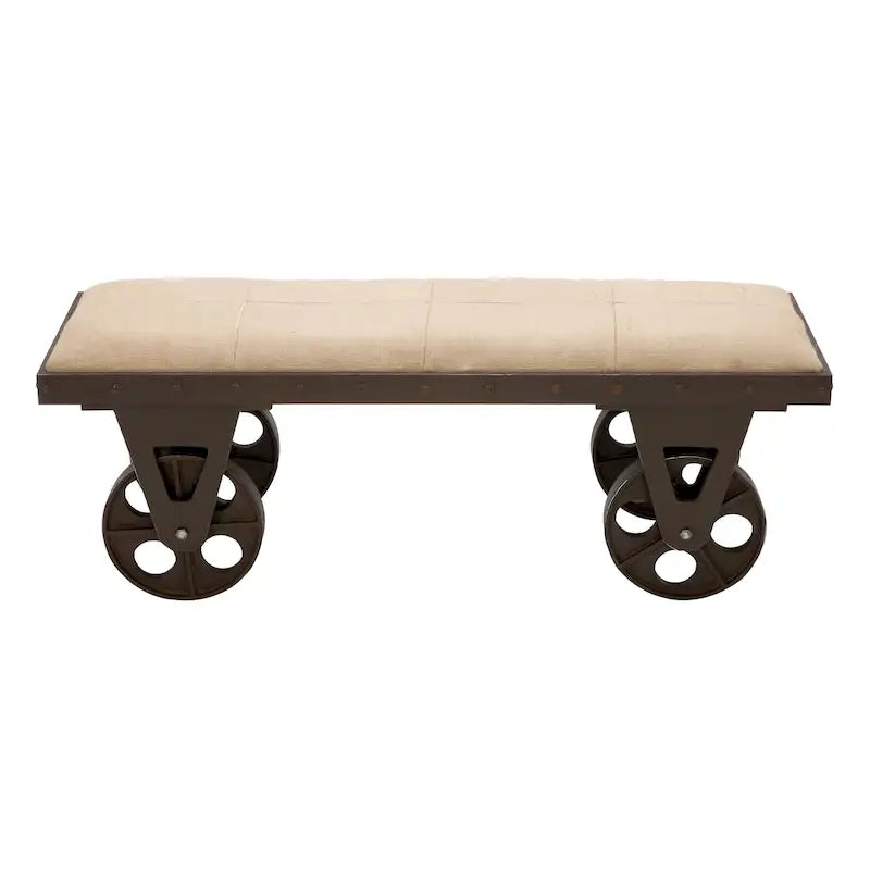Vintage Industrial-Style Linen Bench (with Casters and Padded Linen Seat) - Brown