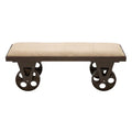 Vintage Industrial-Style Linen Bench (with Casters and Padded Linen Seat) - Brown