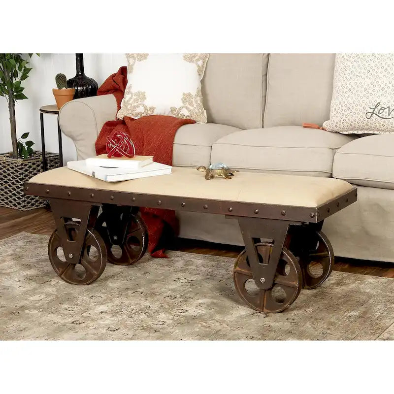 Ławka w stylu vintage industrialnym, tapicerowana lnem (z kółkami i wyściełanym lnianym siedziskiem) - brązowa