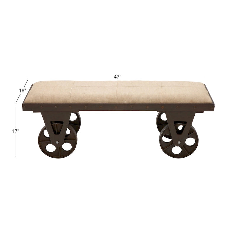 Vintage Industrial-Style Linen Bench (with Casters and Padded Linen Seat) - Brown