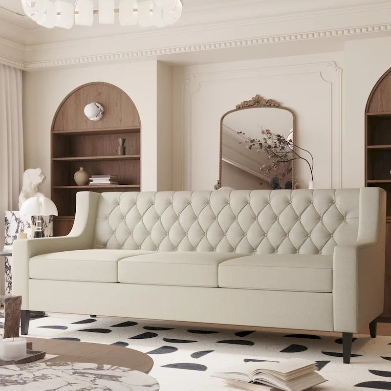 Sofa z tkaniny w stylu mid-century modern (z pikowanym oparciem)