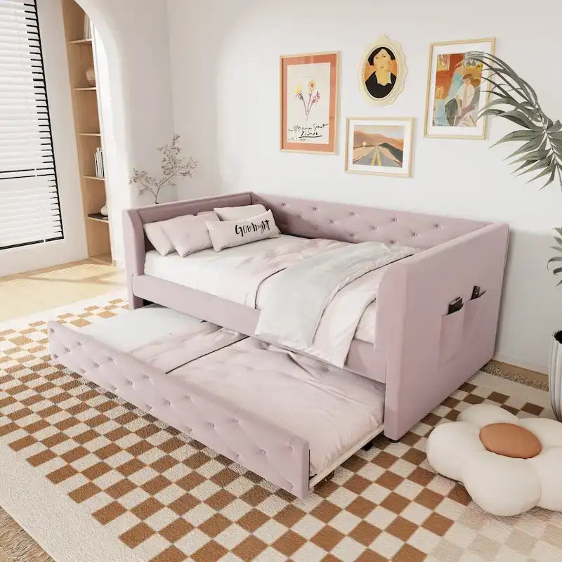 Divanetto letto in velluto trapuntato con letto estraibile e contenitore