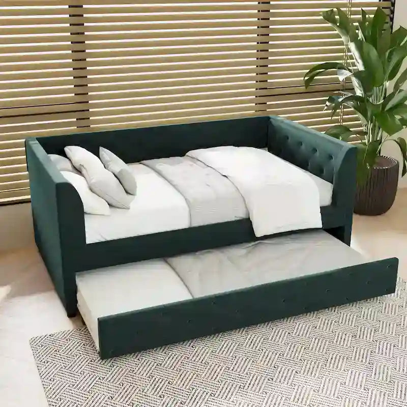 Divanetto letto in velluto trapuntato con letto estraibile e contenitore