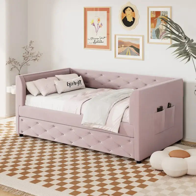 Divanetto letto in velluto trapuntato con letto estraibile e contenitore