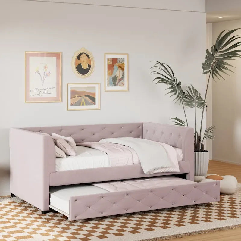 Divanetto letto in velluto trapuntato con letto estraibile e contenitore