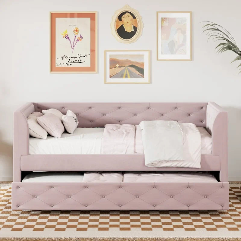 Divanetto letto in velluto trapuntato con letto estraibile e contenitore
