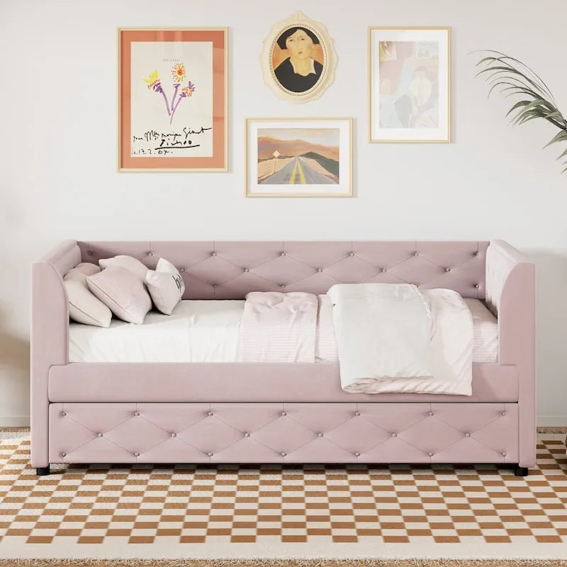 Divanetto letto in velluto trapuntato con letto estraibile e contenitore