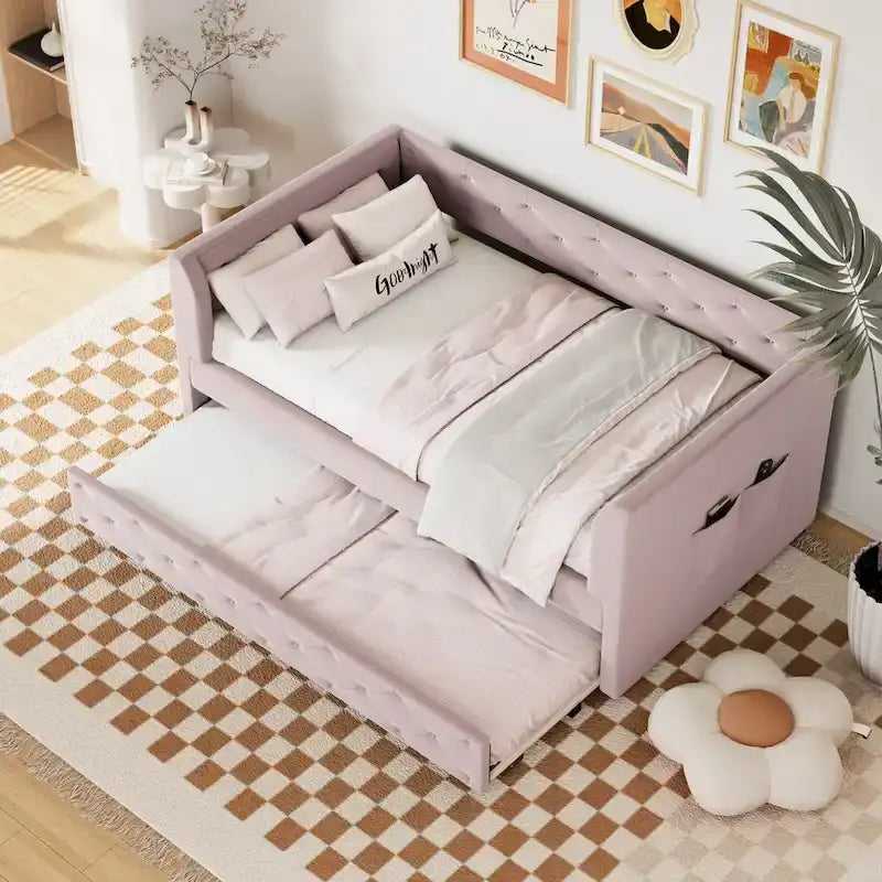 Divanetto letto in velluto trapuntato con letto estraibile e contenitore