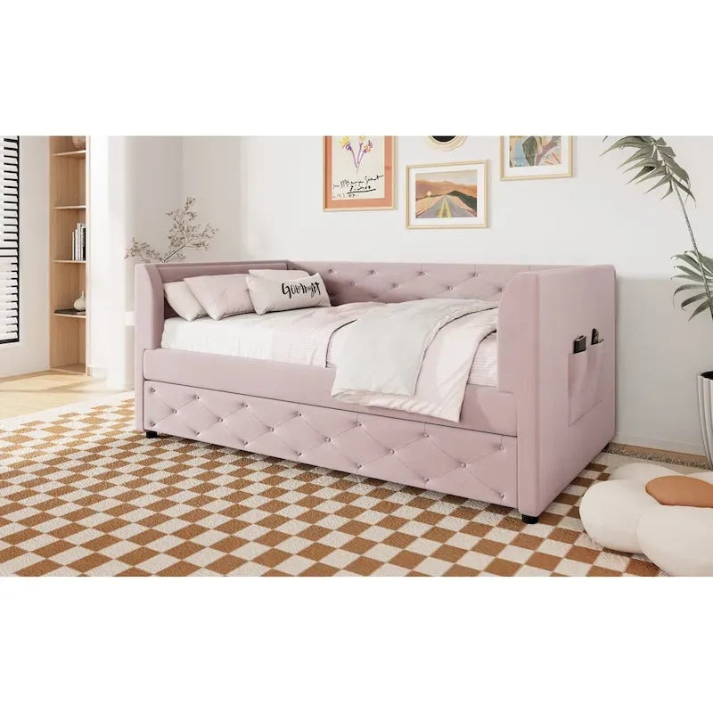 Divanetto letto in velluto trapuntato con letto estraibile e contenitore