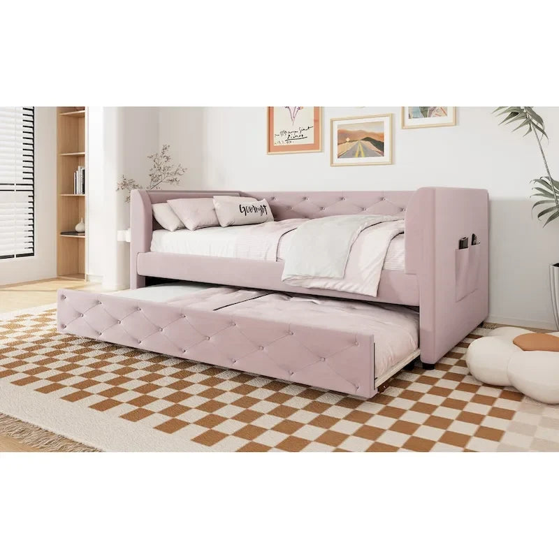 Divanetto letto in velluto trapuntato con letto estraibile e contenitore