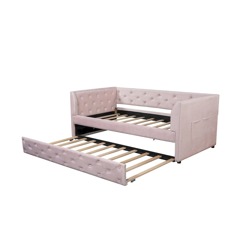 Divanetto letto in velluto trapuntato con letto estraibile e contenitore