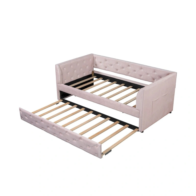 Divanetto letto in velluto trapuntato con letto estraibile e contenitore