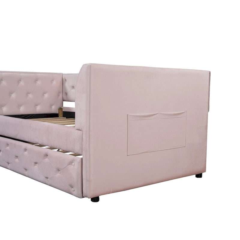 Divanetto letto in velluto trapuntato con letto estraibile e contenitore