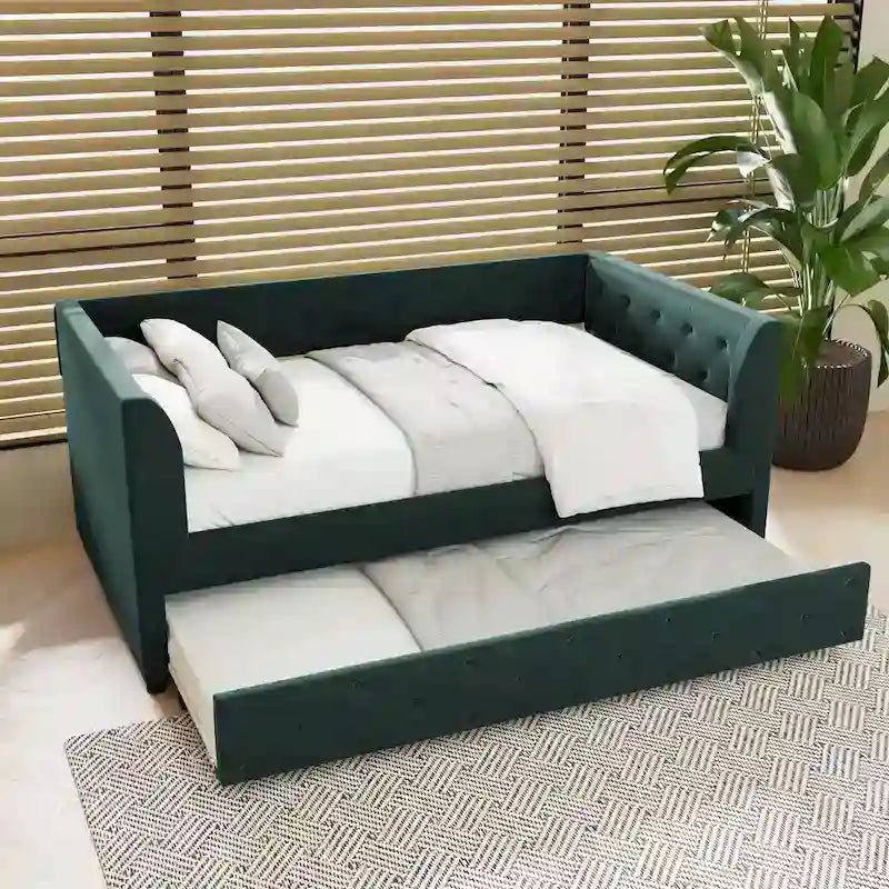 Divanetto letto in velluto trapuntato con letto estraibile e contenitore