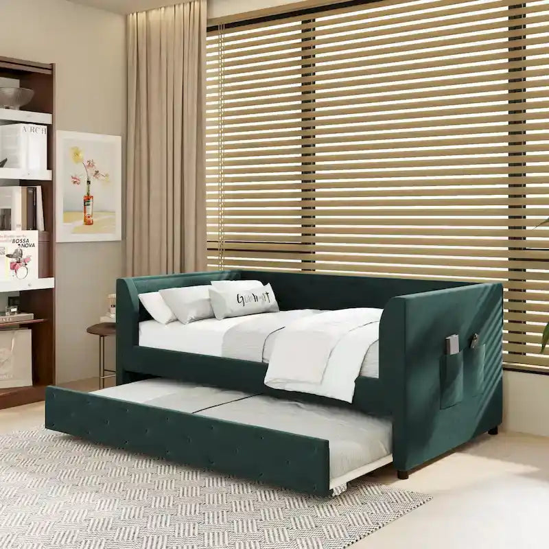 Divanetto letto in velluto trapuntato con letto estraibile e contenitore