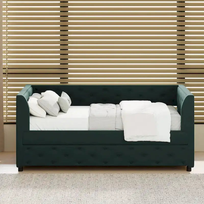 Divanetto letto in velluto trapuntato con letto estraibile e contenitore