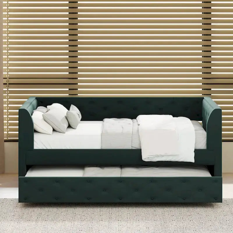 Divanetto letto in velluto trapuntato con letto estraibile e contenitore