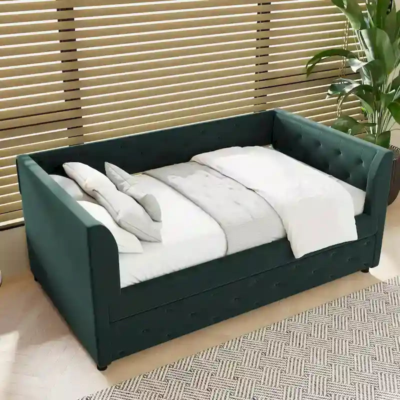 Divanetto letto in velluto trapuntato con letto estraibile e contenitore