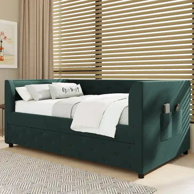 Divanetto letto in velluto trapuntato con letto estraibile e contenitore