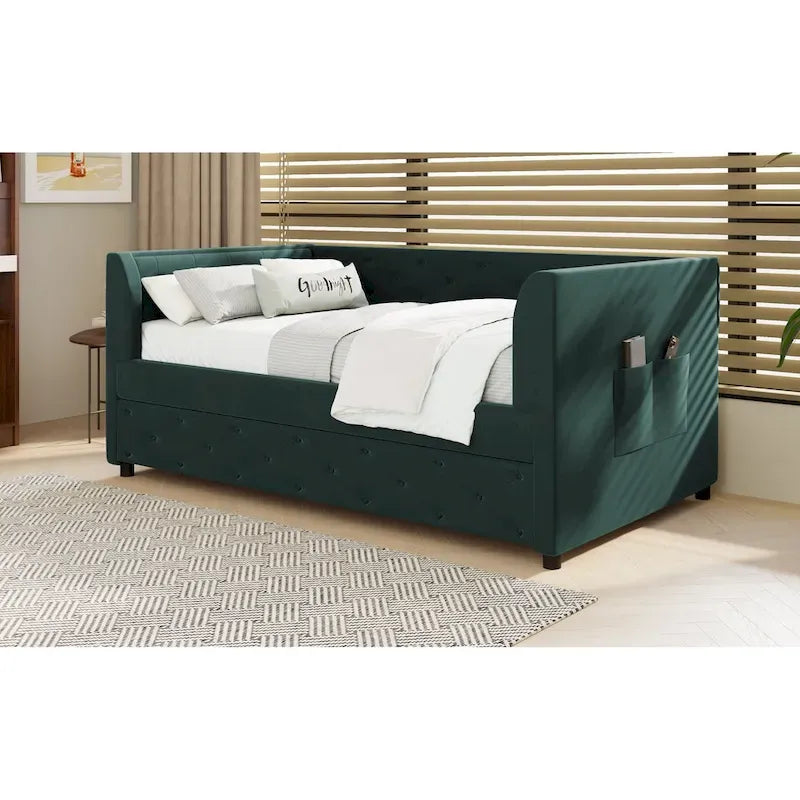 Divanetto letto in velluto trapuntato con letto estraibile e contenitore