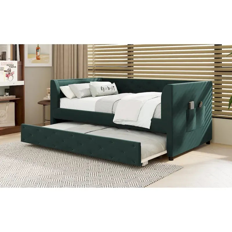 Divanetto letto in velluto trapuntato con letto estraibile e contenitore