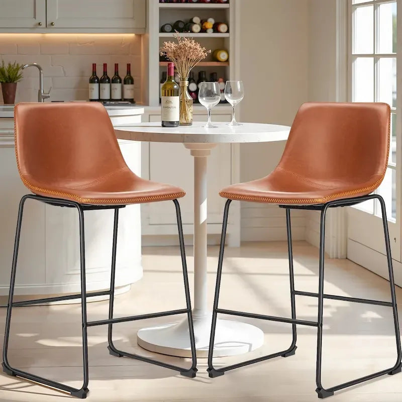 Classic Faux Leather 26 Inch Counter Height Bar Stools Set of 2 with Back and Metal Leg for Kitchen lsland