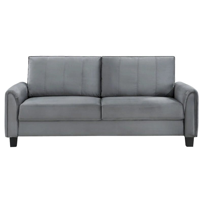 Sofa z szarą tapicerką materiałową, zaokrąglonymi podłokietnikami i zwężanymi czarnymi nogami, 80 cali