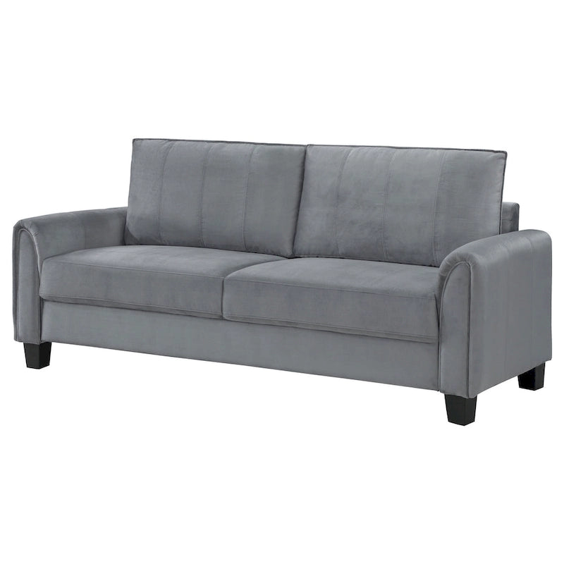 Sofa z szarą tapicerką materiałową, zaokrąglonymi podłokietnikami i zwężanymi czarnymi nogami, 80 cali