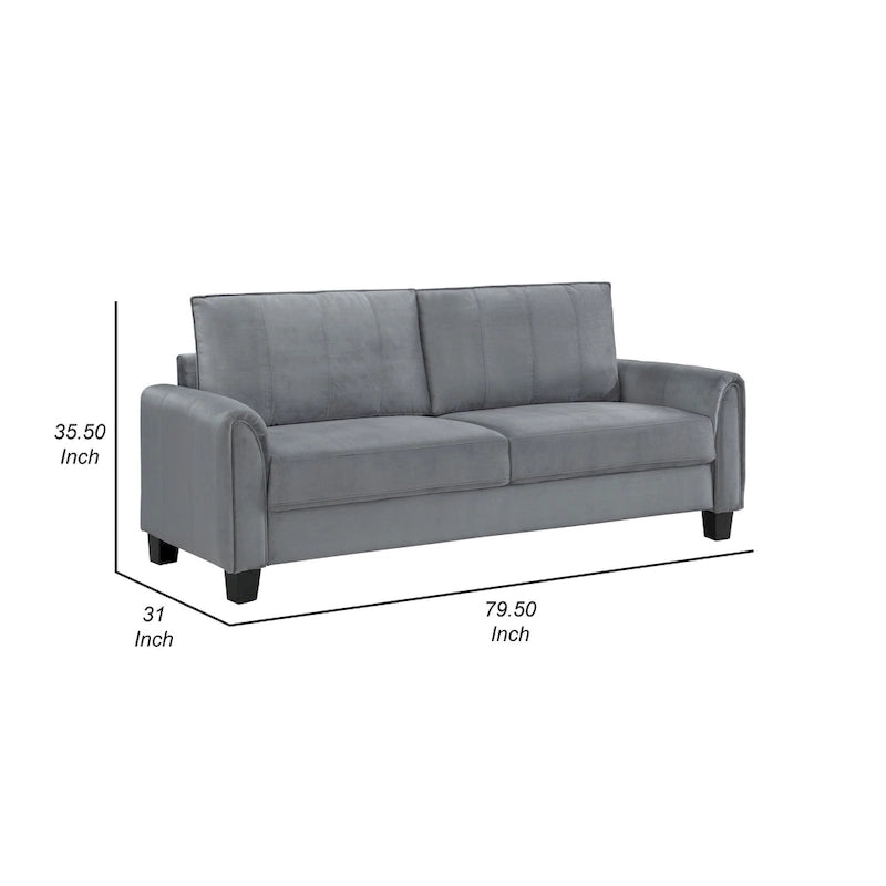 Sofa z szarą tapicerką materiałową, zaokrąglonymi podłokietnikami i zwężanymi czarnymi nogami, 80 cali