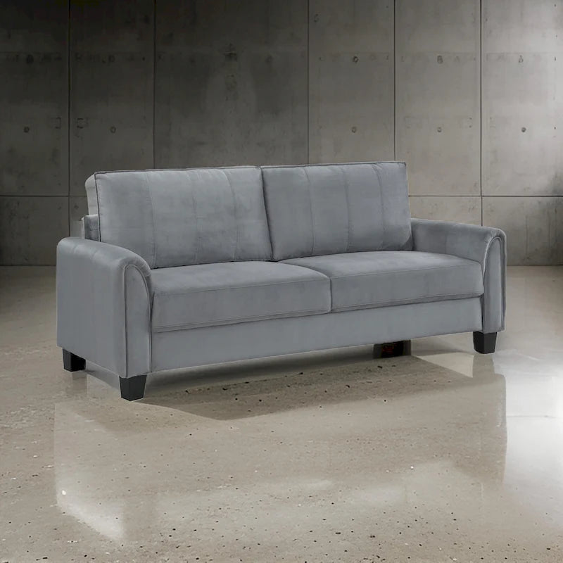 Sofa z szarą tapicerką materiałową, zaokrąglonymi podłokietnikami i zwężanymi czarnymi nogami, 80 cali