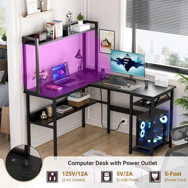 Scrivania angolare a L per computer con alzata e ripiani contenitori, tavolo da gaming ad angolo con luci LED