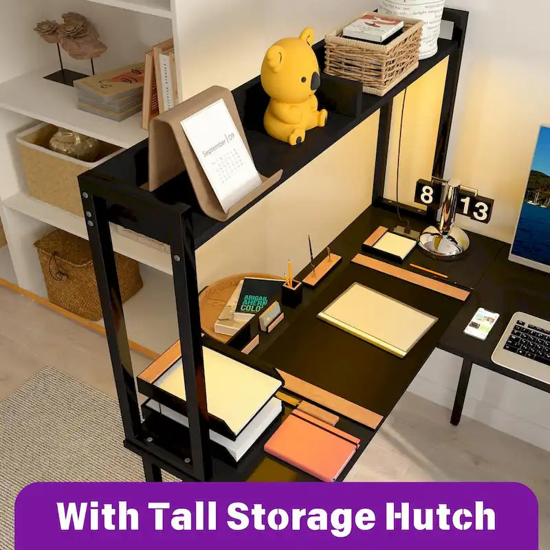 L Shaped Computer Desk with Hutch and Storage Shelves, Corner Gaming Table with LED Lights