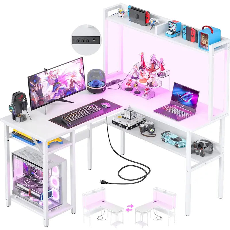 L Shaped Computer Desk with Hutch and Storage Shelves, Corner Gaming Table with LED Lights