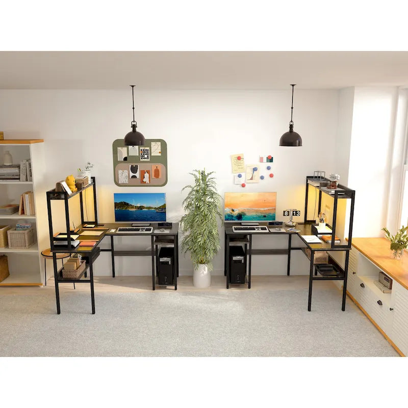 L Shaped Computer Desk with Hutch and Storage Shelves, Corner Gaming Table with LED Lights