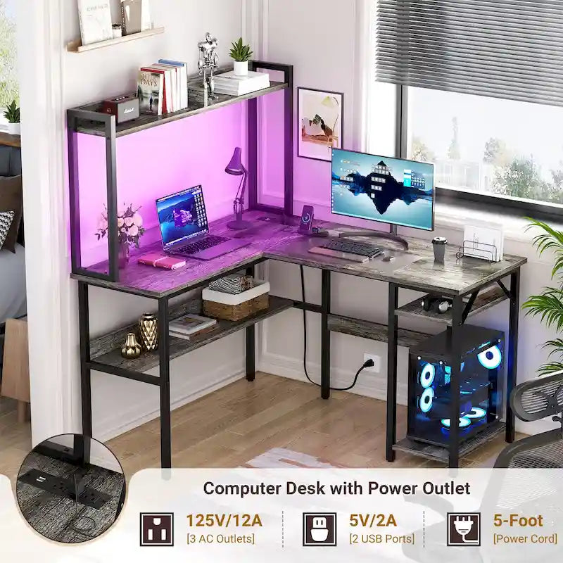 L Shaped Computer Desk with Hutch and Storage Shelves, Corner Gaming Table with LED Lights