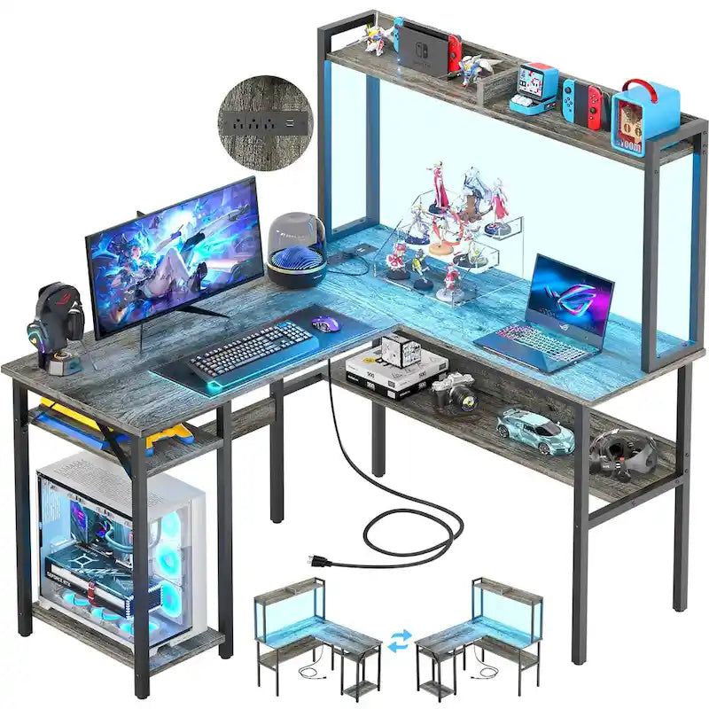 L Shaped Computer Desk with Hutch and Storage Shelves, Corner Gaming Table with LED Lights