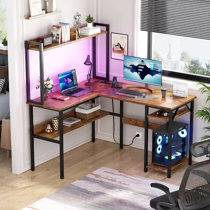 L Shaped Computer Desk with Hutch and Storage Shelves, Corner Gaming Table with LED Lights