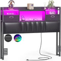 Upholstered headboard with built-in storage drawers and LED lighting; sturdy headboard featuring an integrated charging station and bookshelves.