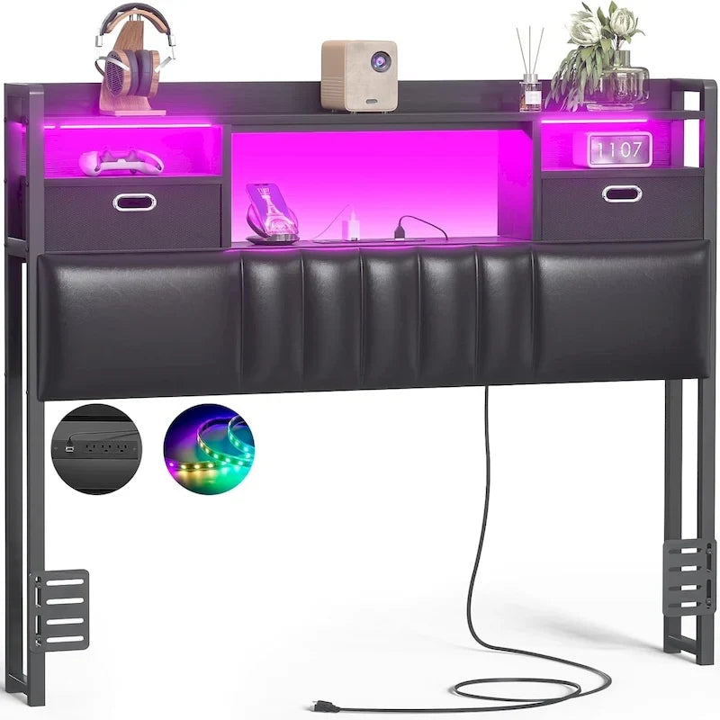 Testiera imbottita con cassetti contenitori integrati e illuminazione LED; struttura robusta con stazione di ricarica integrata e librerie.