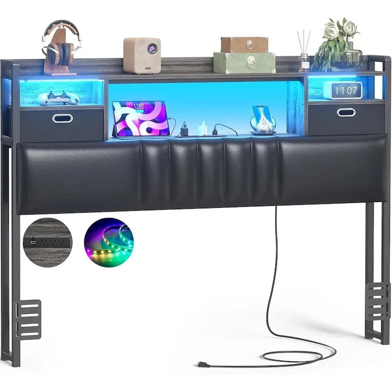 Testiera imbottita con cassetti contenitori integrati e illuminazione LED; struttura robusta con stazione di ricarica integrata e librerie.