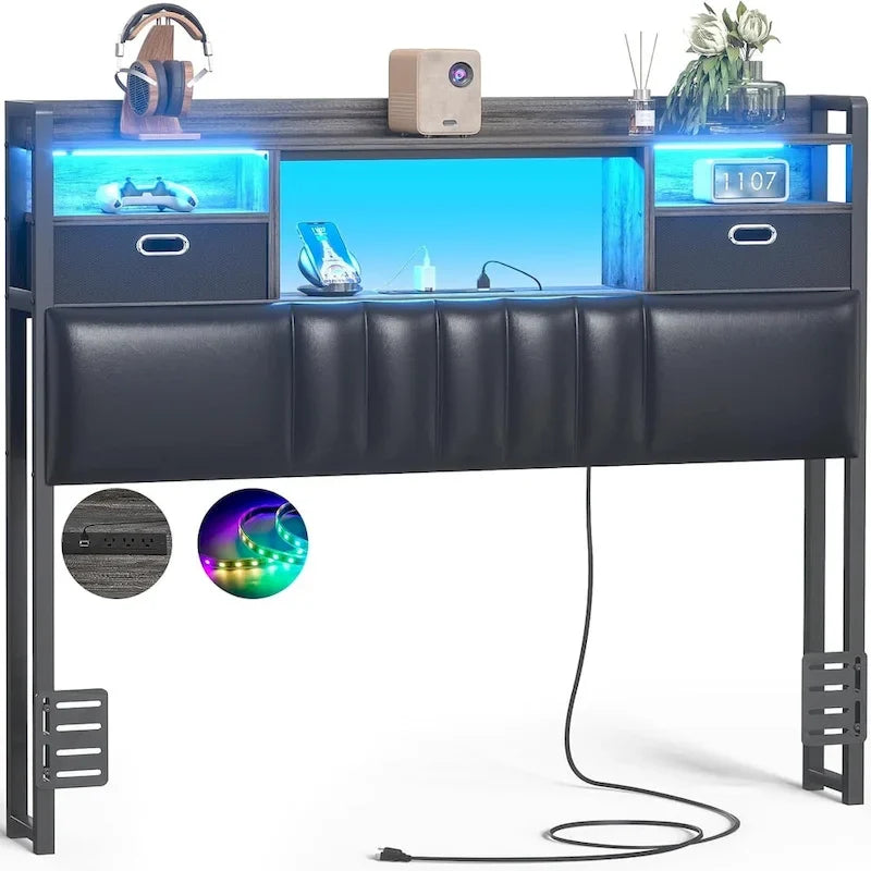 Testiera imbottita con cassetti contenitori integrati e illuminazione LED; struttura robusta con stazione di ricarica integrata e librerie.