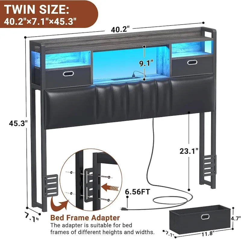 Upholstered headboard with built-in storage drawers and LED lighting; sturdy headboard featuring an integrated charging station and bookshelves.