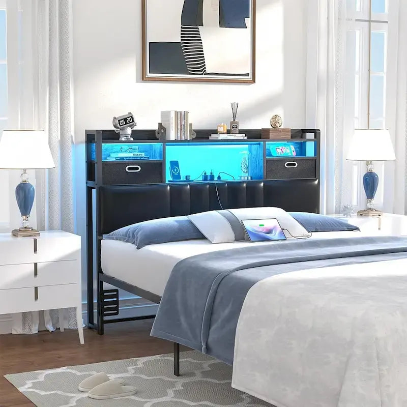 Upholstered headboard with built-in storage drawers and LED lighting; sturdy headboard featuring an integrated charging station and bookshelves.