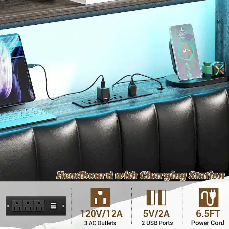 Upholstered headboard with built-in storage drawers and LED lighting; sturdy headboard featuring an integrated charging station and bookshelves.