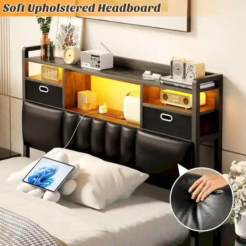 Upholstered headboard with built-in storage drawers and LED lighting; sturdy headboard featuring an integrated charging station and bookshelves.