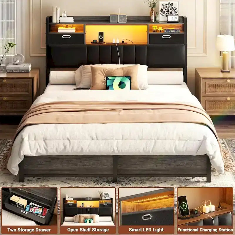 Upholstered headboard with built-in storage drawers and LED lighting; sturdy headboard featuring an integrated charging station and bookshelves.